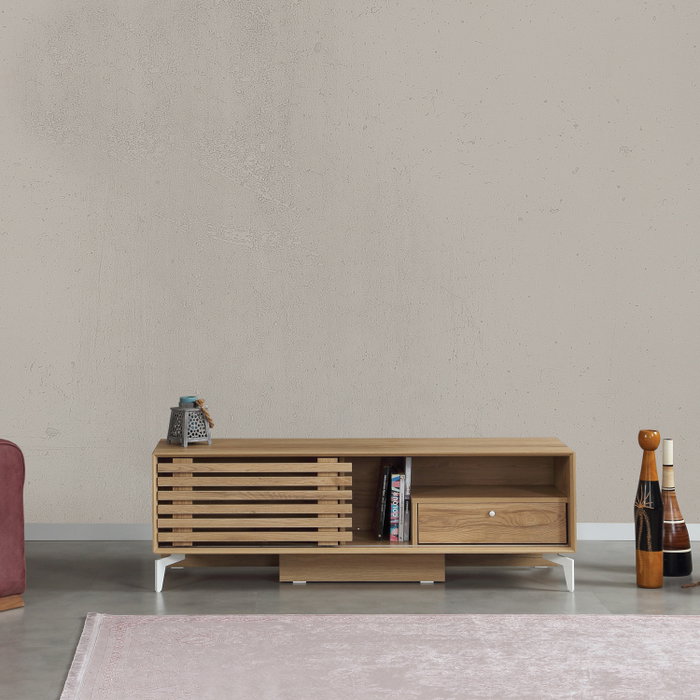 Hanah Home Soporte TV Roble 150x50x41cm, 1 Cajón, Patas Metal, Tablero Melamina 18mm Moderno Elegante Mueble Salón